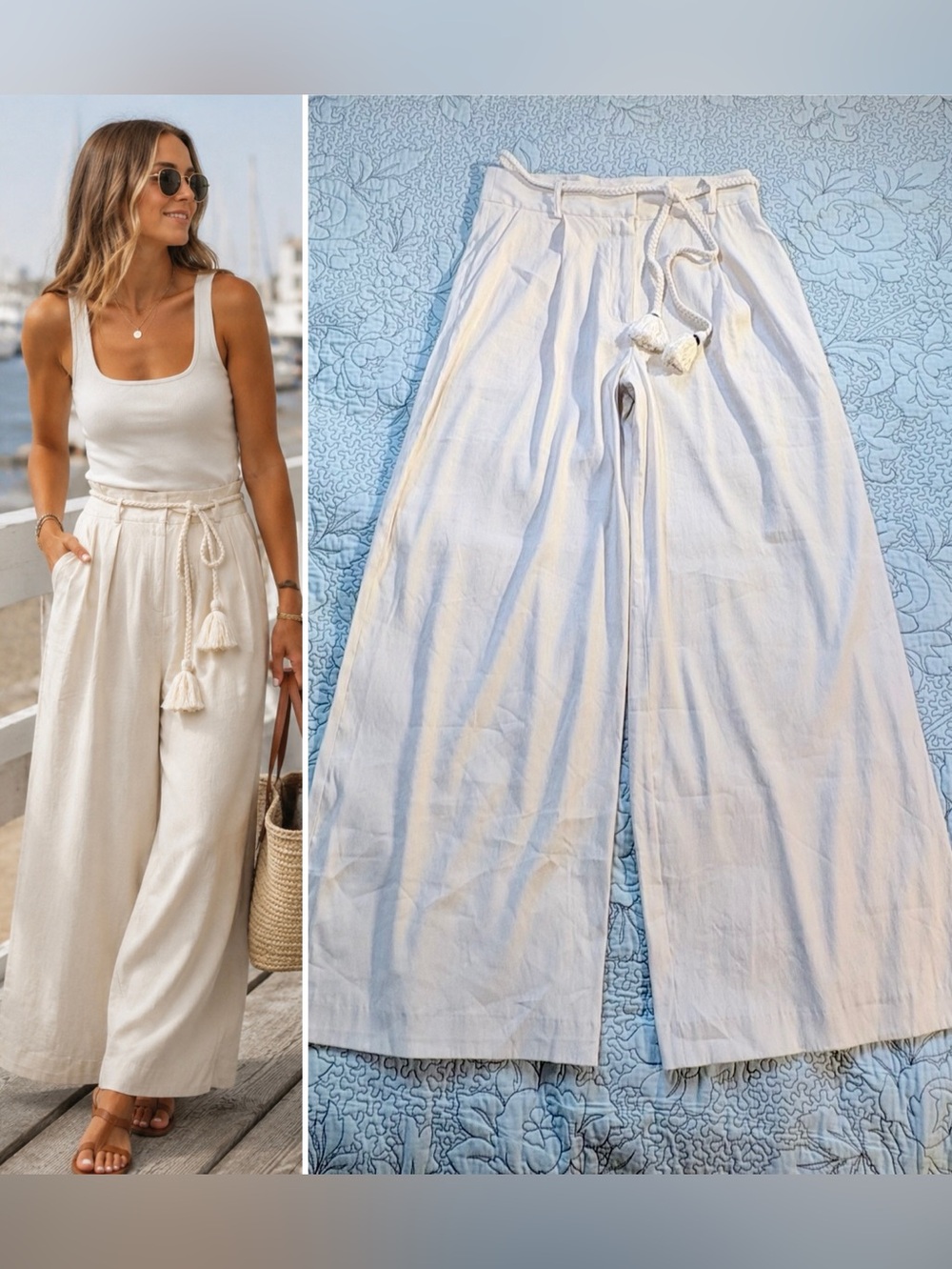 ☀️NWT Antonio Melani Fran Linen Blend Pleated Wide Leg Pants Ecru Rope Belt~6🧡